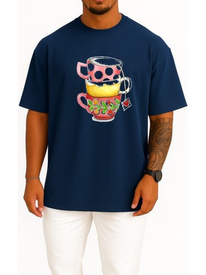 Bahriyeli Collection Oversize Teacup Coffee Mug Boyama Göğüs Tasarımlı Unisex T-Shirt