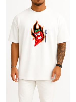Bahriyeli Collection Oversize Kırmızı Acı Biber Logosu Göğüs Tasarımlı Unisex T-Shirt