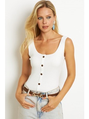 Mamayaga Kadın Kare Yaka Önden Düğmeli Yazlık Crop Top Bluz