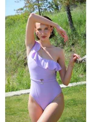 Moda Şahsenem Moda Kadın Tek Omuz Fırfırlı Mayo Lila