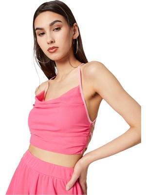 Mamayaga Kadın Sırtı Açık Bağlamalı Tül Degaje Yaka Spor Şık Tasarım Pembe Croptop Büstiyer