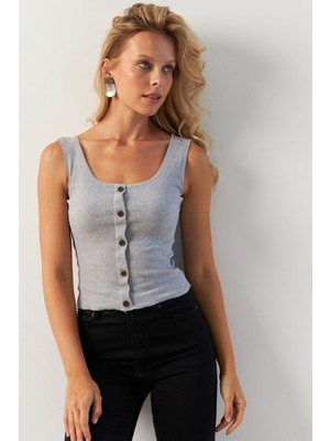 Mamayaga Kadın Kare Yaka Önden Düğmeli Yazlık Crop Top Bluz