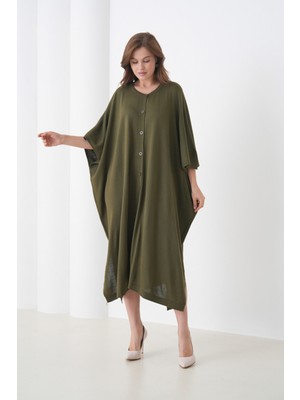 Mamayaga Kadın Tesettüre Uygun Önden Düğmeli Asimetrik Kesim Yarasa Kol Şık Geniş Kalıp Panço Ceket