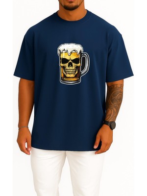 Bahriyeli Collection Oversize Foamy Skull Beer Göğüs Baskılı Unisex T-Shirt