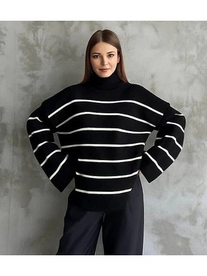 Pazarella Çizgili Ispanyol Kol Triko Boğazlı Kazak Siyah Elf