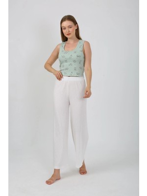 Moda Şahsenem Moda Kadın Kalın Askılı Body Bol Paça Pantolon 2`li Takım Beyaz