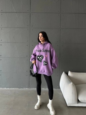 Pazarella 3 Iplik Şardonlu Oversize True Baskılı Sweat Mor