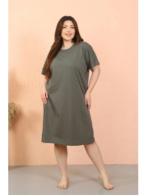 Moda Şahsenem Moda Kadın Büyük Beden Penye Kısa Kol Haki Gecelik