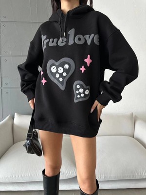 Pazarella 3 Iplik Şardonlu Oversize True Baskılı Sweat Siyah