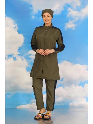 Moda Şahsenem Moda Kadın Pantolonlu Kolu Şeritli Tam Tesettür Mayo Haki