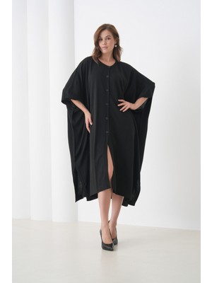 Mamayaga Kadın Tesettüre Uygun Önden Düğmeli Asimetrik Kesim Yarasa Kol Şık Geniş Kalıp Panço Ceket