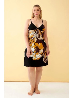Moda Şahsenem Moda Kadın Büyük Beden Siyah Çiçek Desenli Askılı Gecelik