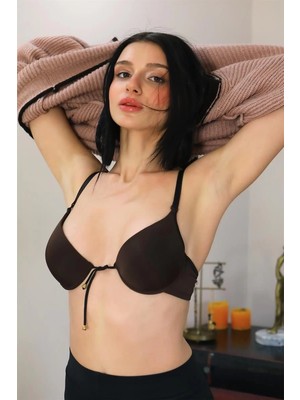 Moda Şahsenem Moda Kadın Destekli Balenli Önden Açılır Dekolteli Sütyen Kahve