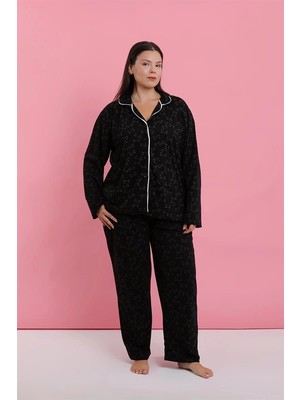 Moda Şahsenem Moda Kadın Büyük Beden Siyah Kırmızı Çiçekli Düğmeli Pijama Takımı