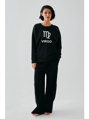 Moda Şahsenem Moda Kadın Siyah Başak Burcu Oversize 2 Iplik Eşofman Ev Giyim Takımı