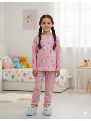Isobel Isob Pembe Unicorn Desenli Interlok %100 Pamuk Kız Çocuk Pijama Takımı 3-8 Yaş 42010