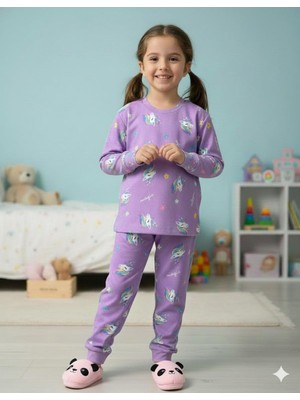 Isobel Isob Lila Unicorn Desenli Interlok %100 Pamuk Kız Çocuk Pijama Takımı 3-8 Yaş 42009