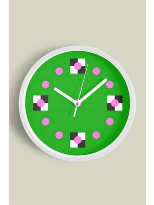 JHAAR Yeşil Pembe Geometrik Modern Duvar Saati - Büyük L 35 cm - Beyaz Kasa - Camlı Sessiz