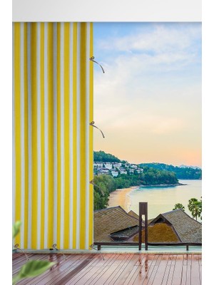 Taç Sarı Beyaz Çizgili Su Geçirmez Kornişli Bağcıklı Balkon Perdesi Branda Enxboy