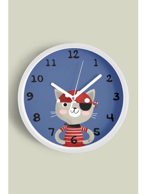 JHAAR Korsan Kedi Çizimli Çocuk Odası Duvar Saati - 35 - Önü Camlı Beyaz Kasa - Sessiz Mekanizma