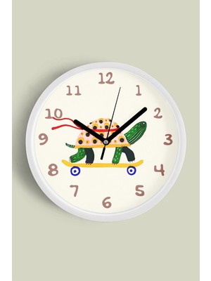 JHAAR Kaykaylı Kaplumbağa Çocuk Odası Modern Duvar Saati - Büyük L 35 cm - Beyaz Kasa - Camlı Sessiz
