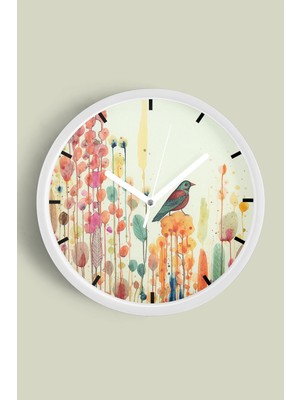 JHAAR Soyut Doğa, Kuş Manzara Modern Duvar Saati - Büyük L 35 cm - Beyaz Kasa - Camlı Sessiz