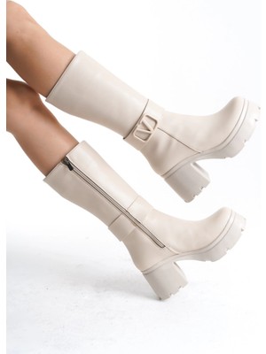 Zengezur Mall Nrzsnt Moki Bej Cilt Topuklu Çizme (Numara: 38)