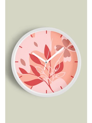 JHAAR Pembe Yaprak Desenli Modern Duvar Saati - Büyük L 35 cm - Beyaz Kasa - Camlı Sessiz