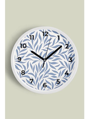 JHAAR Mavi Yaprak Desenli Modern Duvar Saati - Büyük L 35 cm - Beyaz Kasa - Camlı Sessiz