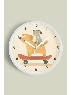 JHAAR Kay Kay Yapan Sevimli Köpekler Çocuk Odası Modern Duvar Saati - Büyük L 35 cm - Beyaz - Camlı Sessiz