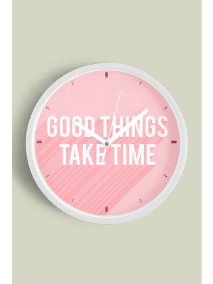 JHAAR Good Things Take Time Yazılı Modern Duvar Saati - Büyük L 35 cm - Beyaz Kasa - Camlı Sessiz