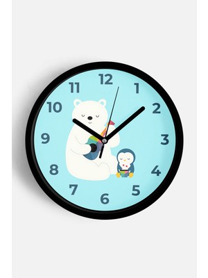 JHAAR Sevimli Ayı ile Penguen Çocuk Odası Modern Duvar Saati - Büyük L 35 cm - Siyah Kasa - Camlı Sessiz