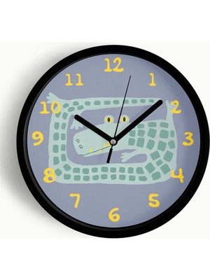 JHAAR Sevimli Timsah Çocuk Odası Modern Duvar Saati - Büyük L 35 cm - Siyah Kasa - Camlı Sessiz