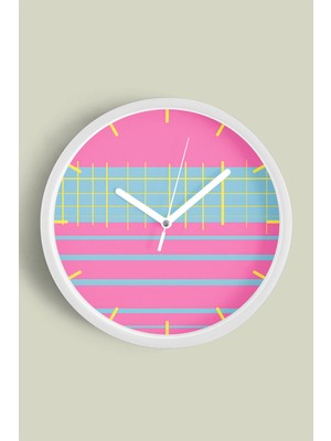 JHAAR Pembe Renkli Kare ve Çizgi Modern Duvar Saati - Büyük L 35 cm - Beyaz Kasa - Camlı Sessiz