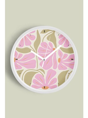 JHAAR Pembe Yeşil Çiçek Modern Duvar Saati - Büyük L 35 cm - Beyaz Kasa - Camlı Sessiz