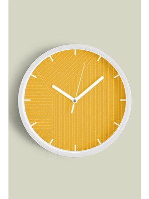 JHAAR Sarı İnce Çizgili Modern Duvar Saati - Büyük L 35 cm - Beyaz Kasa - Camlı Sessiz