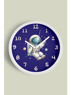 JHAAR Astronot Çocuk Odası Modern Duvar Saati - Büyük L 35 cm - Beyaz Kasa - Camlı Sessiz