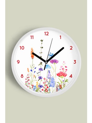 JHAAR Renkli Kır Çiçeği Bahçesi Modern Duvar Saati - Büyük L 35 cm - Beyaz Kasa - Camlı Sessiz