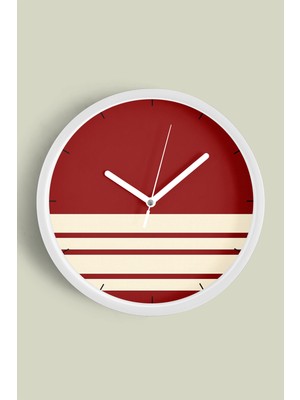 JHAAR Bordo Krem Çizgili Modern Duvar Saati - Büyük L 35 cm - Beyaz Kasa - Camlı Sessiz