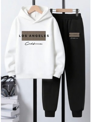 Kids Face Özel Tasarım Kapüşonlu Los Angeles California Baskılı %100 Pamuk Kışlık Erkek Çocuk Eşofman Takımı
