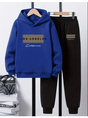 Kids Face Özel Tasarım Kapüşonlu Los Angeles California Baskılı %100 Pamuk Kışlık Erkek Çocuk Eşofman Takımı