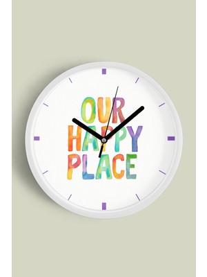 JHAAR Our Happy Place Yazılı Modern Duvar Saati - Büyük L 35 cm - Beyaz Kasa - Camlı Sessiz