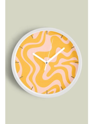 JHAAR Sarı Pembe Dalgalı Modern Duvar Saati - Büyük L 35 cm - Beyaz Kasa - Camlı Sessiz