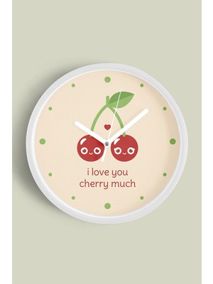JHAAR I Love You Cherry Much Yazılı Modern Duvar Saati - Büyük L 35 cm - Beyaz Kasa - Camlı Sessiz