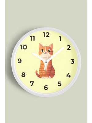 JHAAR Sevimli Kedi Çocuk Odası Modern Duvar Saati - Büyük L 35 cm - Beyaz Kasa - Camlı Sessiz