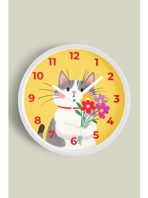 JHAAR Sevimli Kedi Çocuk Odası Modern Duvar Saati - Büyük L 35 cm - Beyaz Kasa - Camlı Sessiz