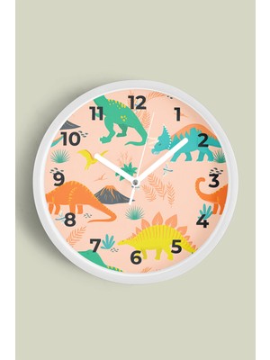 JHAAR Renkli Dinozor Desenli Çocuk Odası Modern Duvar Saati - Büyük L 35 cm - Beyaz Kasa - Camlı Sessiz