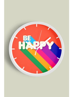 JHAAR Yazılı , Be Happy Modern Duvar Saati - Büyük L 35 cm - Beyaz Kasa - Camlı Sessiz
