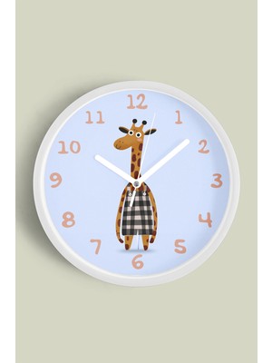 JHAAR Sevimli Zürafa Çizimli Çocuk Odası Modern Duvar Saati - Büyük L 35 cm - Beyaz Kasa - Camlı Sessiz
