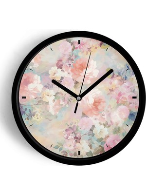 JHAAR Pastel Çiçek Bahçesi Modern Duvar Saati - Büyük L 35 cm - Siyah Kasa - Camlı Sessiz